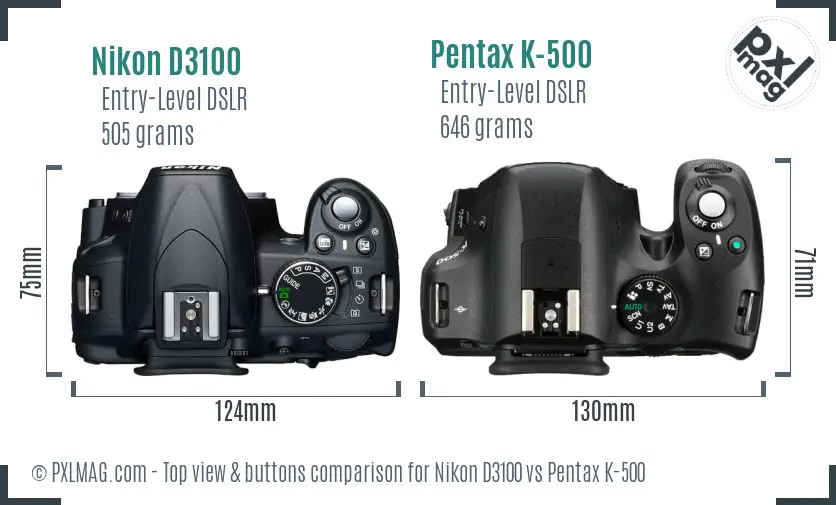 Nikon D3100 vs Pentax K-500 top view buttons comparison