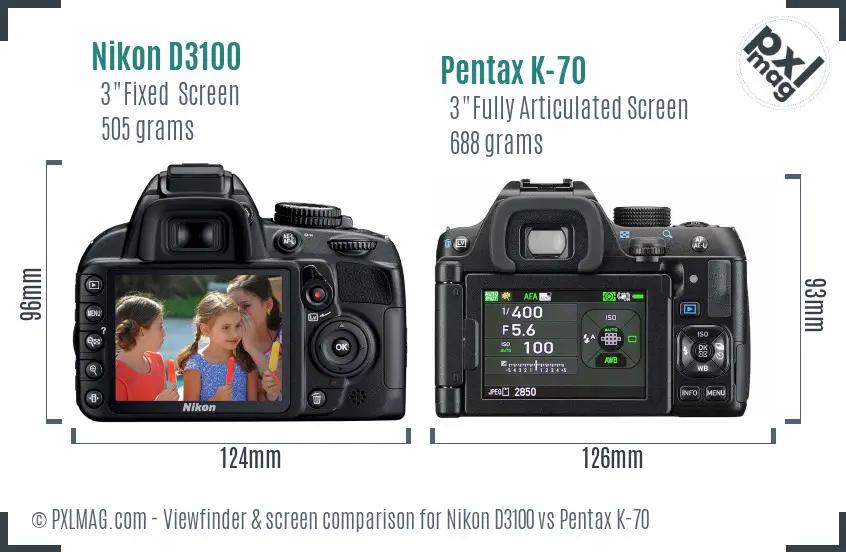 Nikon D3100 vs Pentax K-70 Screen and Viewfinder comparison