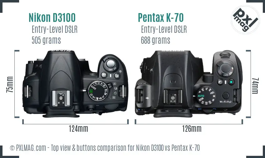Nikon D3100 vs Pentax K-70 top view buttons comparison