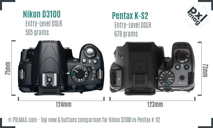 Nikon D3100 vs Pentax K-S2 top view buttons comparison