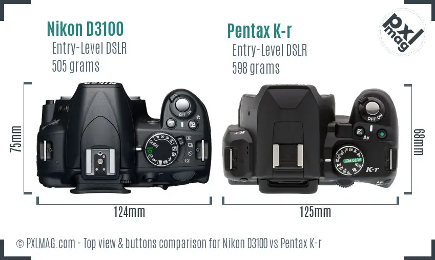 Nikon D3100 vs Pentax K-r top view buttons comparison
