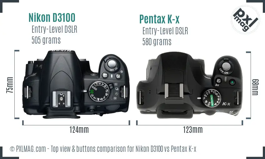 Nikon D3100 vs Pentax K-x top view buttons comparison