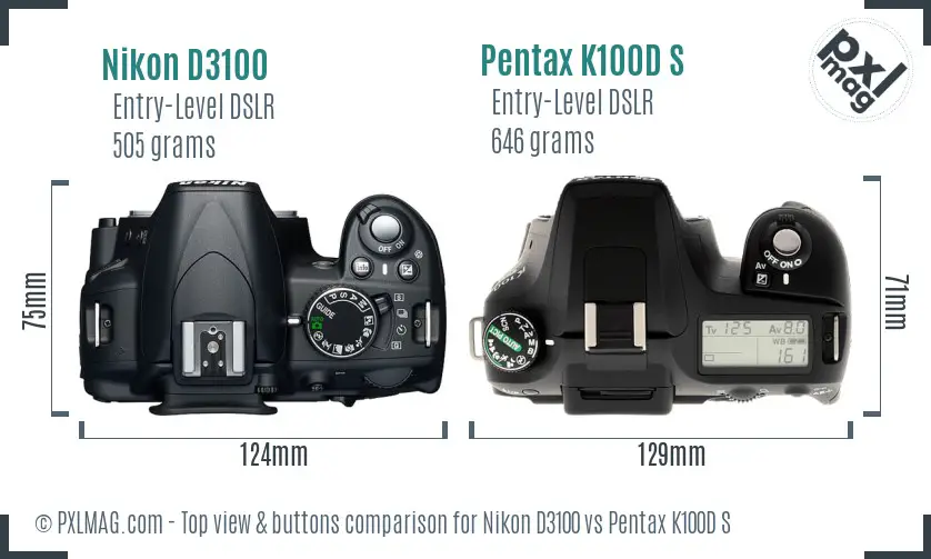 Nikon D3100 vs Pentax K100D S top view buttons comparison