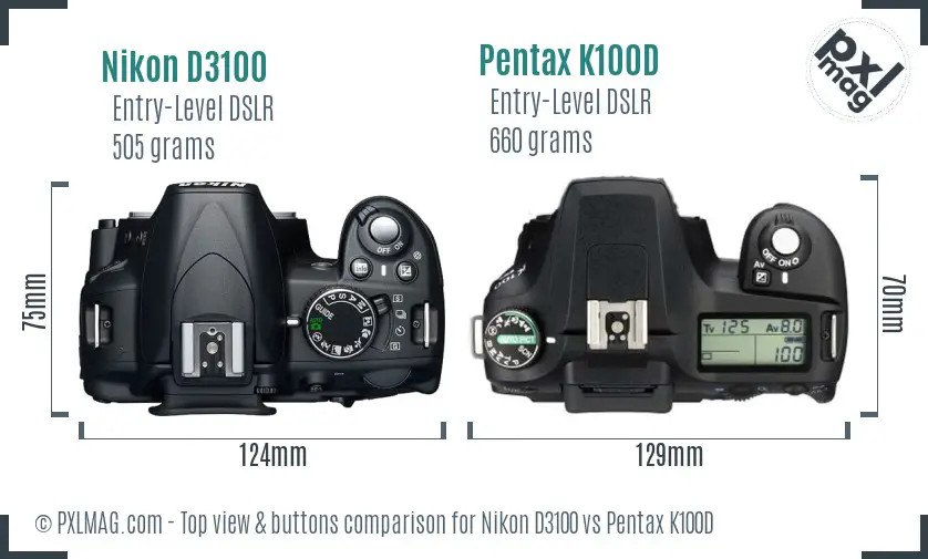 Nikon D3100 vs Pentax K100D top view buttons comparison