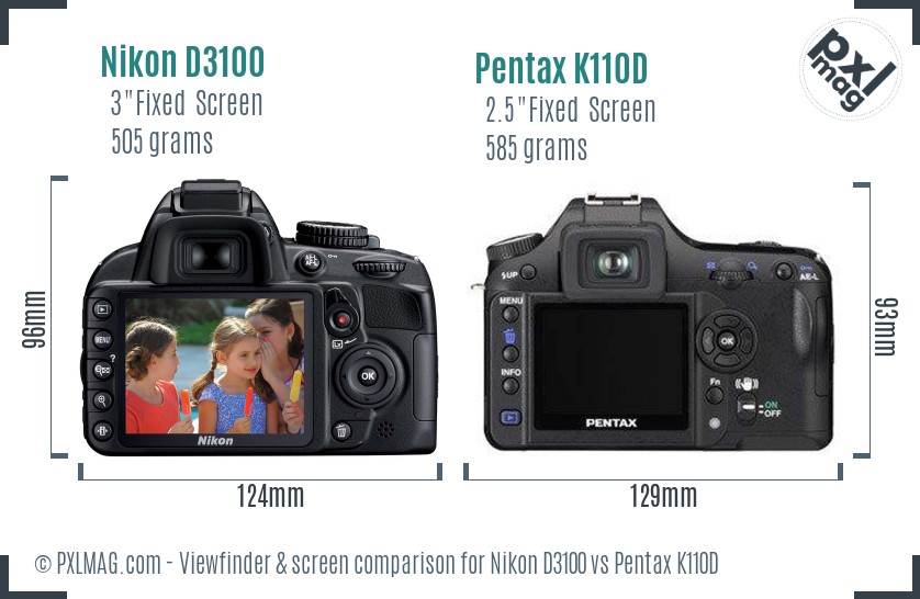 Nikon D3100 vs Pentax K110D Screen and Viewfinder comparison