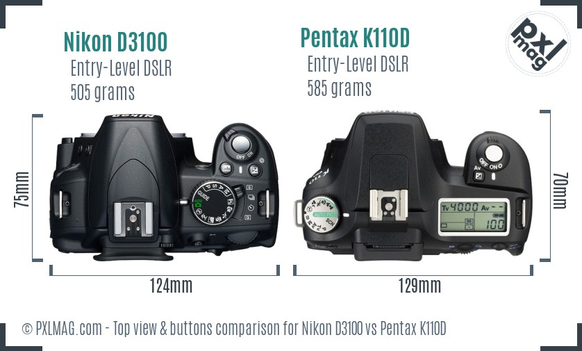 Nikon D3100 vs Pentax K110D top view buttons comparison