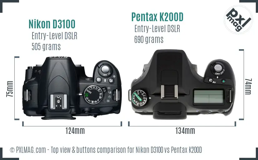 Nikon D3100 vs Pentax K200D top view buttons comparison