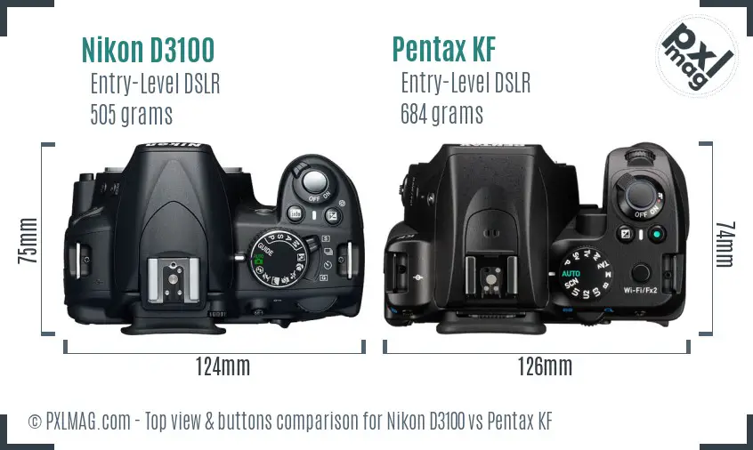 Nikon D3100 vs Pentax KF top view buttons comparison