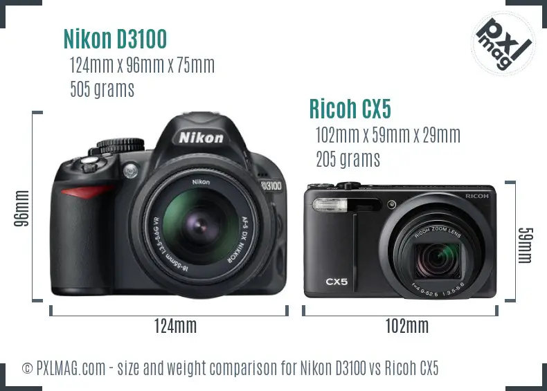 Nikon D3100 vs Ricoh CX5 size comparison