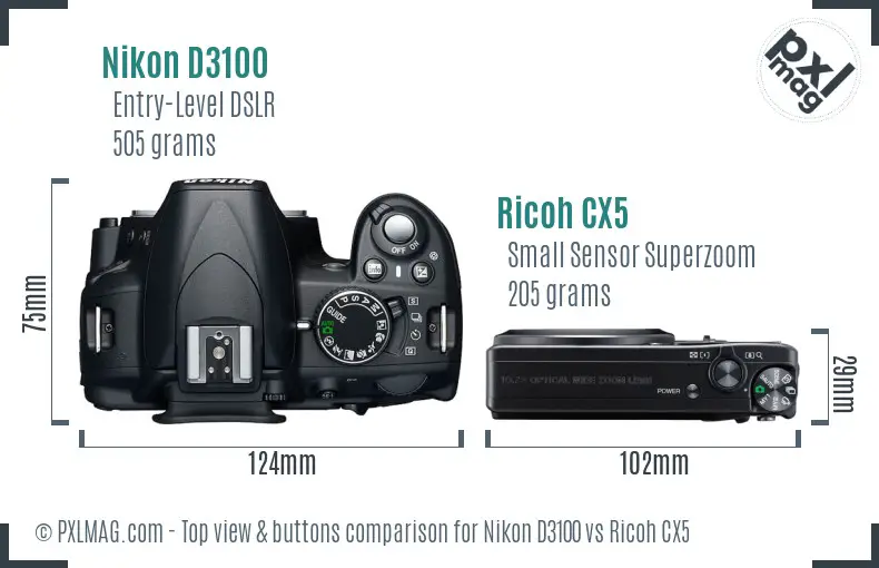 Nikon D3100 vs Ricoh CX5 top view buttons comparison