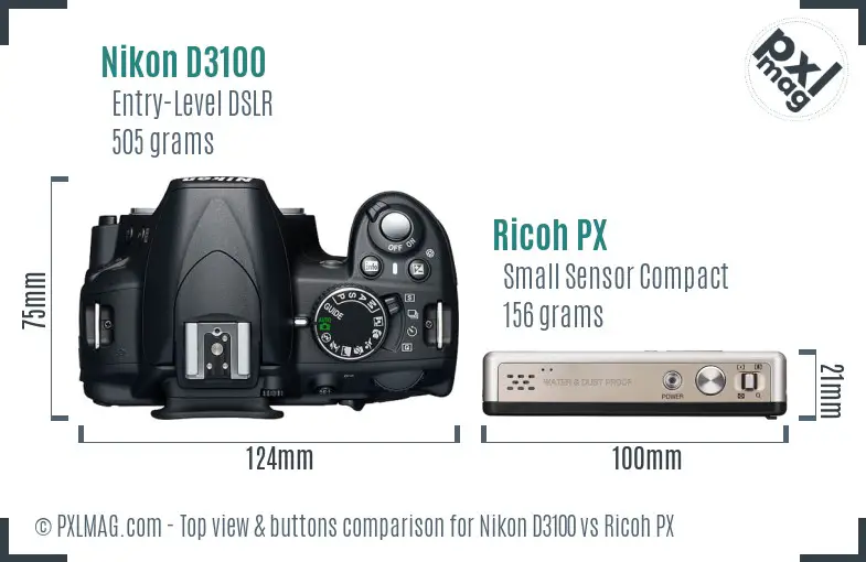 Nikon D3100 vs Ricoh PX top view buttons comparison