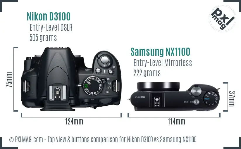 Nikon D3100 vs Samsung NX1100 top view buttons comparison