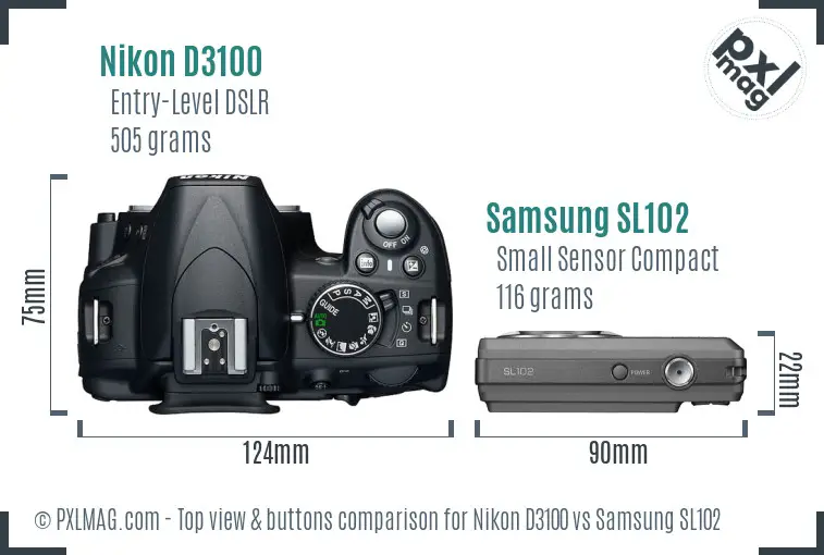 Nikon D3100 vs Samsung SL102 top view buttons comparison