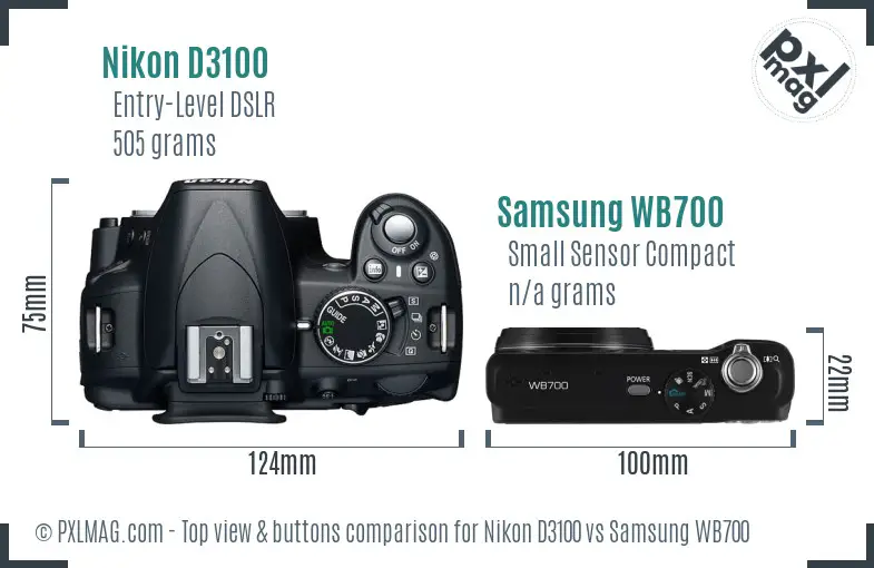 Nikon D3100 vs Samsung WB700 top view buttons comparison