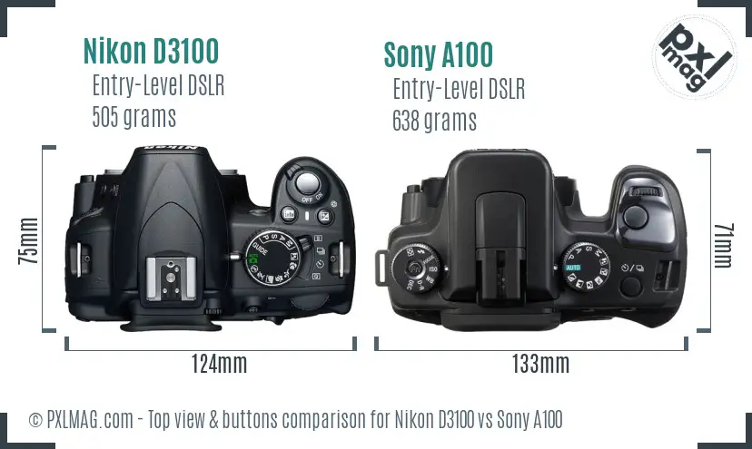 Nikon D3100 vs Sony A100 top view buttons comparison