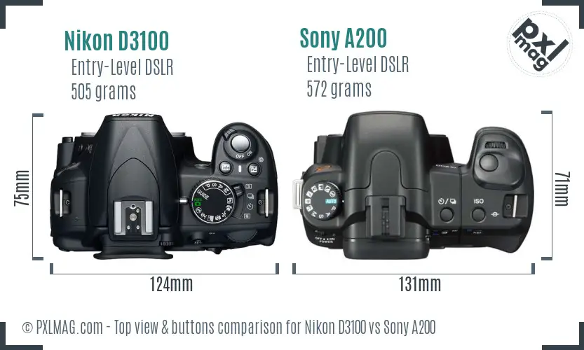 Nikon D3100 vs Sony A200 top view buttons comparison