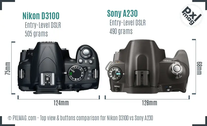 Nikon D3100 vs Sony A230 top view buttons comparison