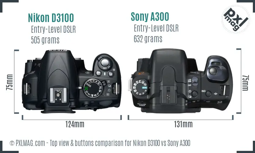 Nikon D3100 vs Sony A300 top view buttons comparison