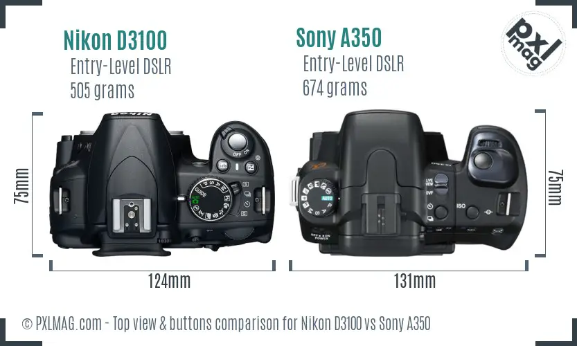 Nikon D3100 vs Sony A350 top view buttons comparison