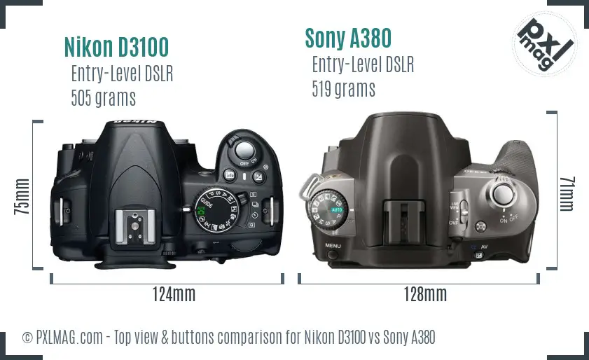 Nikon D3100 vs Sony A380 top view buttons comparison Nikon D3100 vs Sony A380 top view buttons comparison