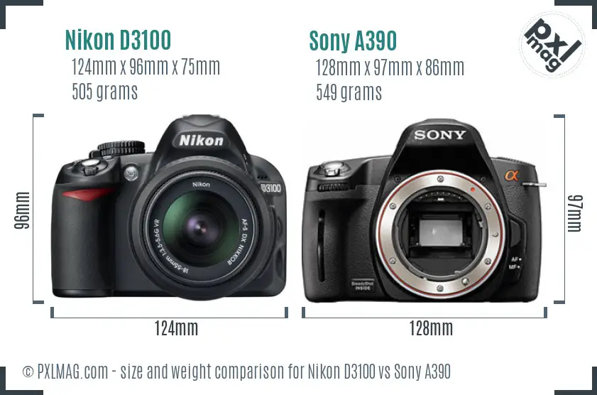 Nikon D3100 vs Sony A390 size comparison