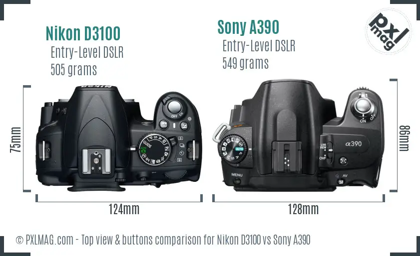 Nikon D3100 vs Sony A390 top view buttons comparison