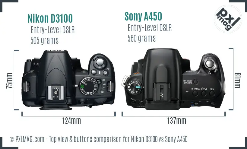 Nikon D3100 vs Sony A450 top view buttons comparison