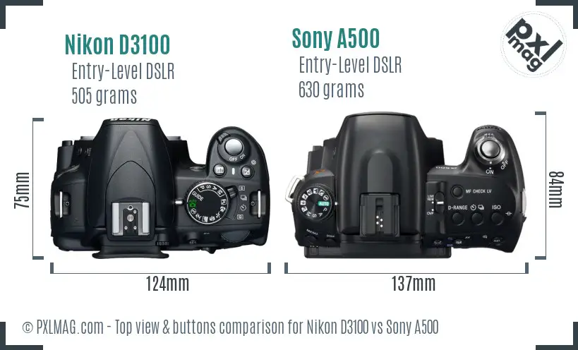 Nikon D3100 vs Sony A500 top view buttons comparison