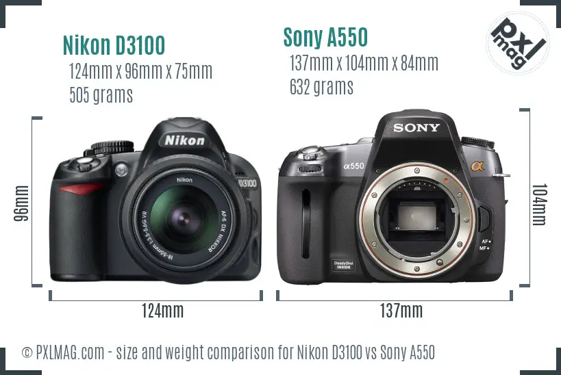 Nikon D3100 vs Sony A550 size comparison