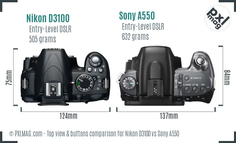 Nikon D3100 vs Sony A550 top view buttons comparison
