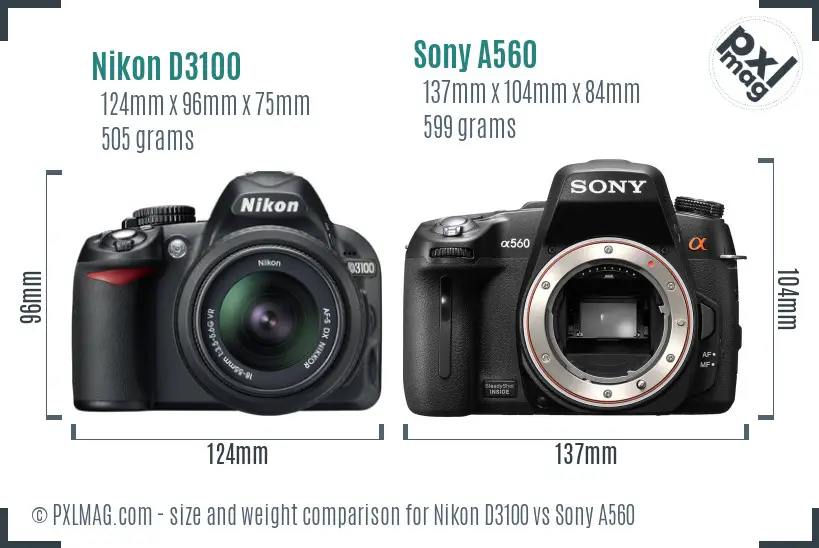 Nikon D3100 vs Sony A560 size comparison