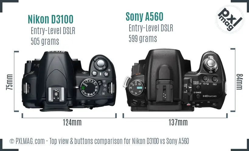 Nikon D3100 vs Sony A560 top view buttons comparison
