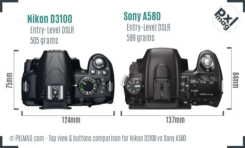 Nikon D3100 vs Sony A580 top view buttons comparison