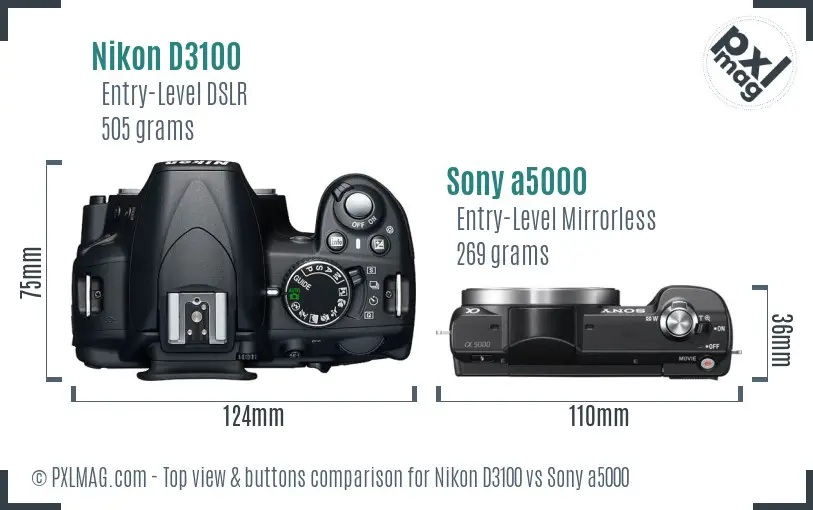 Nikon D3100 vs Sony a5000 top view buttons comparison Nikon D3100 vs Sony a5000 top view buttons comparison