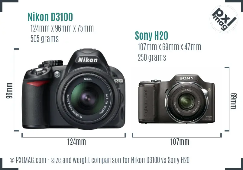 Nikon D3100 vs Sony H20 size comparison