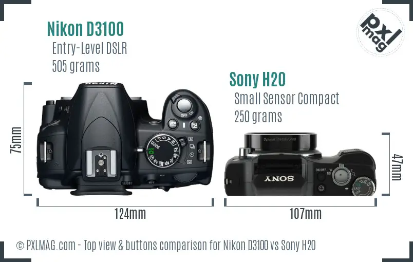 Nikon D3100 vs Sony H20 top view buttons comparison