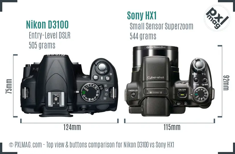 Nikon D3100 vs Sony HX1 top view buttons comparison