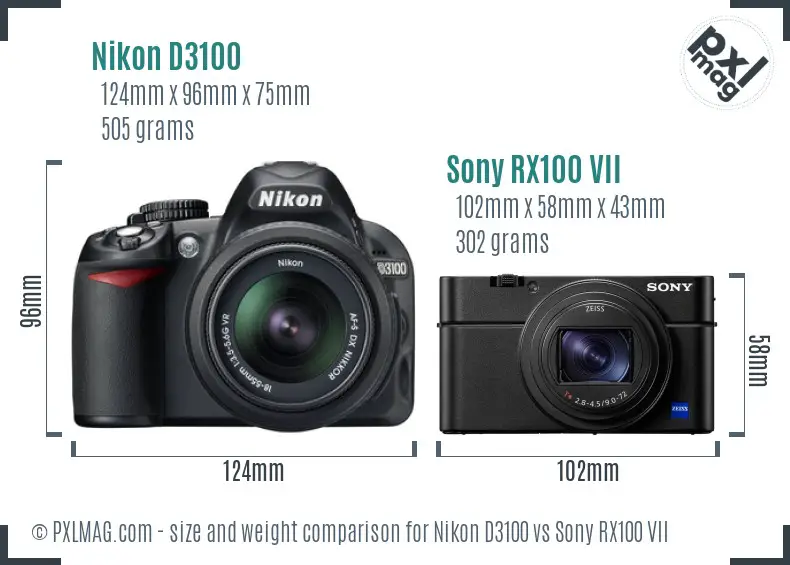 Nikon D3100 vs Sony RX100 VII size comparison