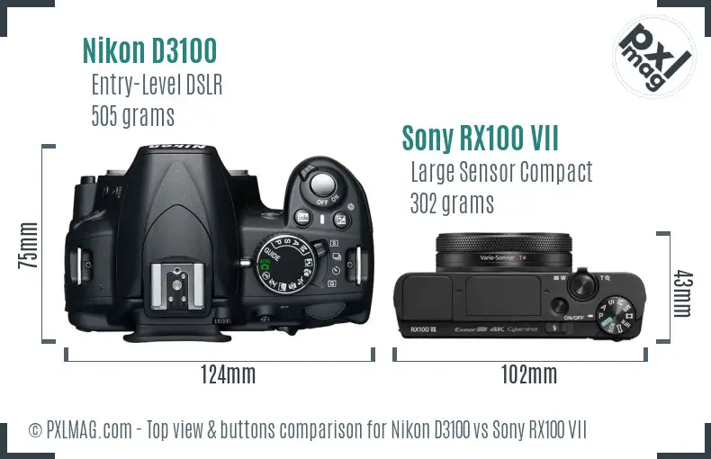 Nikon D3100 vs Sony RX100 VII top view buttons comparison