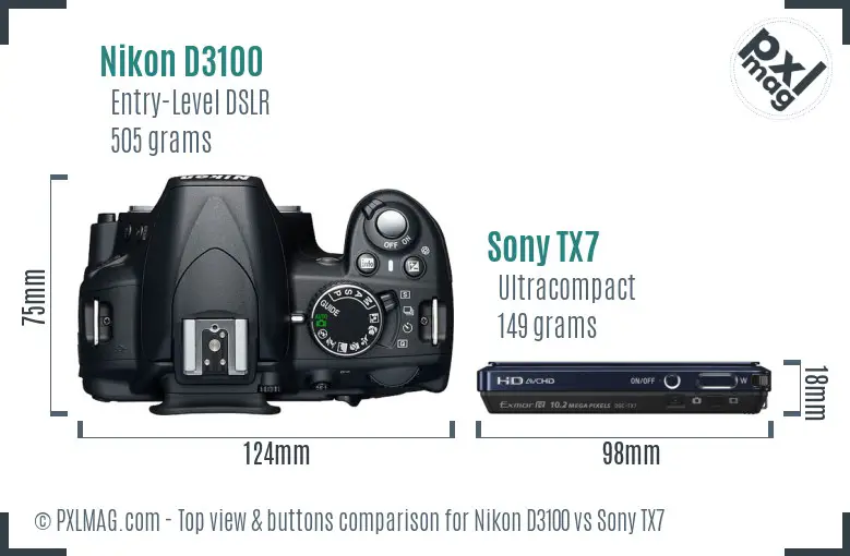 Nikon D3100 vs Sony TX7 top view buttons comparison