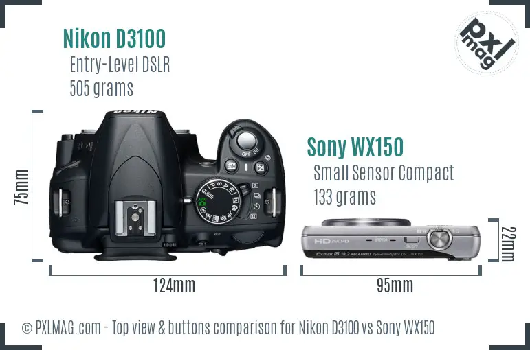 Nikon D3100 vs Sony WX150 top view buttons comparison