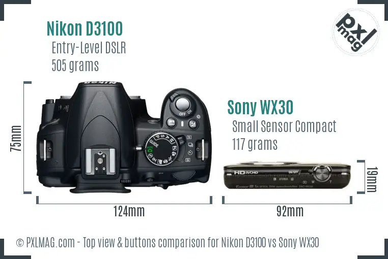 Nikon D3100 vs Sony WX30 top view buttons comparison