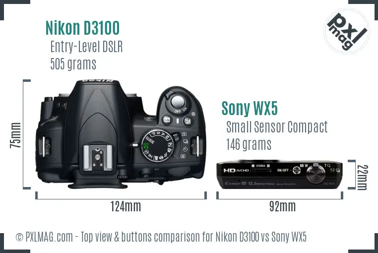 Nikon D3100 vs Sony WX5 top view buttons comparison