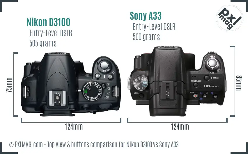 Nikon D3100 vs Sony A33 top view buttons comparison