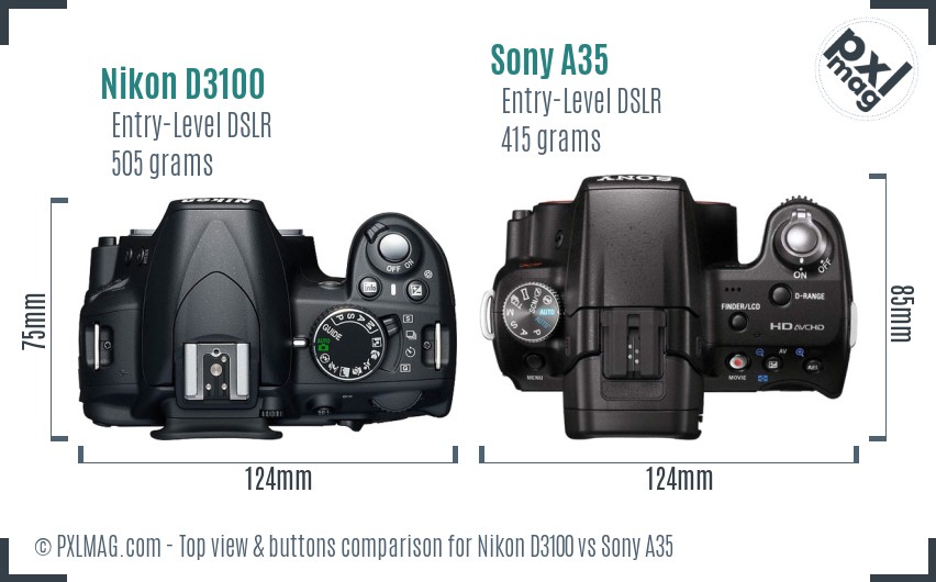 Nikon D3100 vs Sony A35 top view buttons comparison