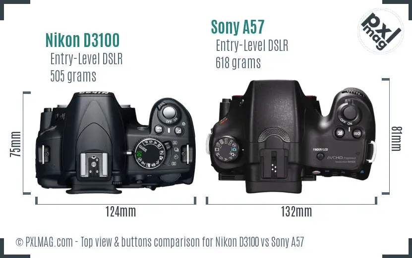 Nikon D3100 vs Sony A57 top view buttons comparison