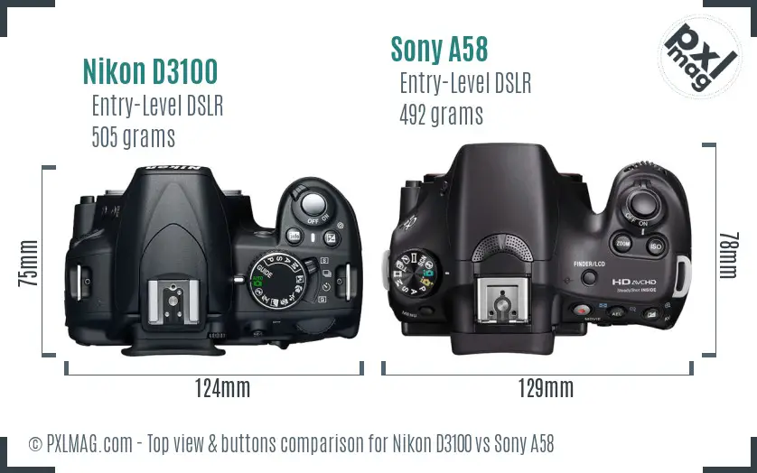 Nikon D3100 vs Sony A58 top view buttons comparison