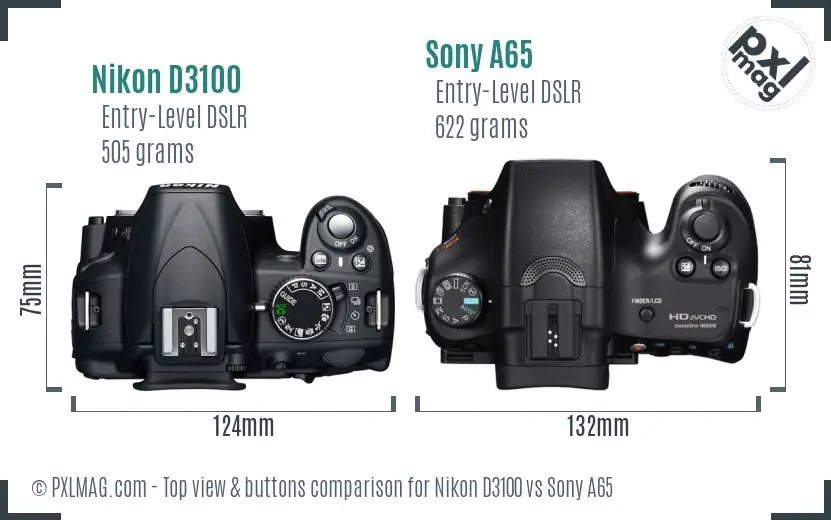 Nikon D3100 vs Sony A65 top view buttons comparison