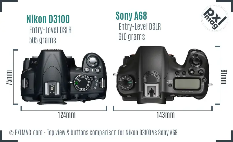 Nikon D3100 vs Sony A68 top view buttons comparison Nikon D3100 vs Sony A68 top view buttons comparison