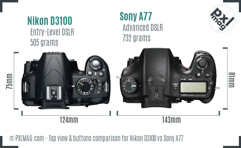 Nikon D3100 vs Sony A77 top view buttons comparison Nikon D3100 vs Sony A77 top view buttons comparison